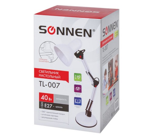 Настольная лампа / светильник SONNEN TL-007, подставка + струбцина, 40 Вт, Е27, БЕЛЫЙ, высота 60 см, 235539 Настольная лампа / светильник SONNEN TL-007, подставка + струбцина, 40 Вт, Е27, БЕЛЫЙ, высота 60 см, 235539