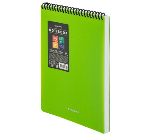 Блокнот А5 80 л., спираль пластиковая, обложка пластик, клетка, BRAUBERG 