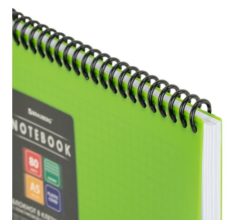 Блокнот А5 80 л., спираль пластиковая, обложка пластик, клетка, BRAUBERG 