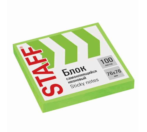 Блок самоклеящийся (стикеры), STAFF НЕОНОВЫЙ, 76х76 мм, 100 листов, зеленый, 115585