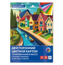 Картон цветной А4 ТОНИРОВАННЫЙ В МАССЕ, 20 листов, 20 цветов, склейка, 180 г/м2, BRAUBERG, 116342
