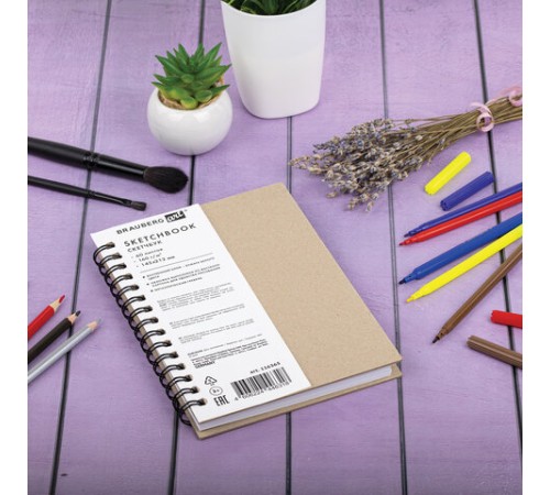 Скетчбук, белая бумага, 160 г/м2, плотная, 15х21 см, 60 л., гребень, твердая обложка, КРАФТ, BRAUBERG ART CLASSIC, 116365
