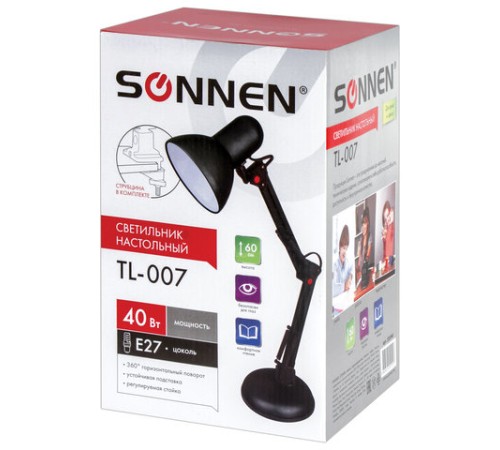 Настольная лампа / светильник SONNEN TL-007, подставка + струбцина, 40 Вт, Е27, черный, высота 60 см, 235540