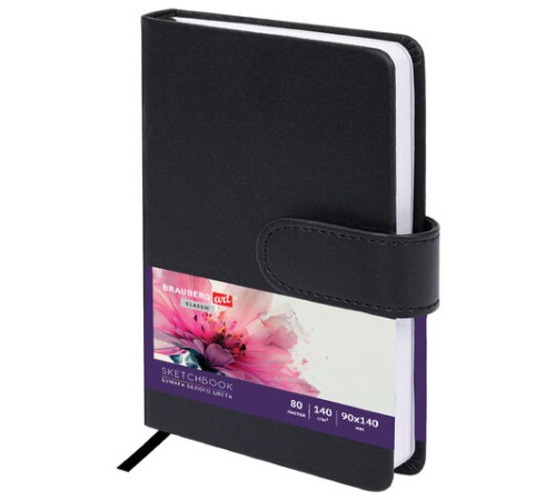 Скетчбук, белая бумага 140 г/м2 90х140 мм, 80 л., КОЖЗАМ, застежка, BRAUBERG ART CLASSIC, черный, 116459