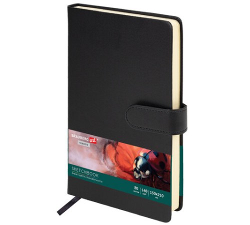 Скетчбук, слоновая кость 140 г/м2 130х210 мм, 80 л., КОЖЗАМ, застежка, BRAUBERG ART CLASSIC, черный, 116460