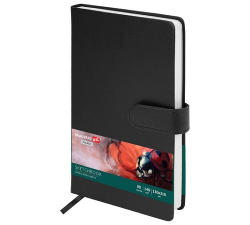 Скетчбук, белая бумага 140 г/м2 130х210 мм, 80 л., КОЖЗАМ, застежка, BRAUBERG ART CLASSIC, черный, 116461