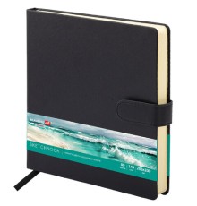 Скетчбук, слоновая кость 140 г/м2, 200х200 мм, 80 л., КОЖЗАМ, застежка, BRAUBERG ART CLASSIC, черный, 116462