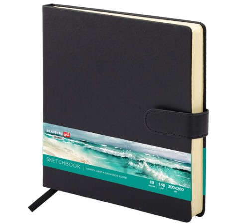 Скетчбук, слоновая кость 140 г/м2, 200х200 мм, 80 л., КОЖЗАМ, застежка, BRAUBERG ART CLASSIC, черный, 116462