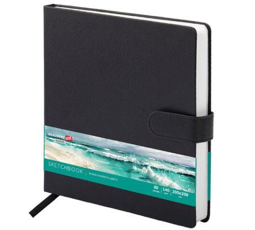Скетчбук, белая бумага 140 г/м2 200х200 мм, 80 л., КОЖЗАМ, застежка, BRAUBERG ART CLASSIC, черный, 116463