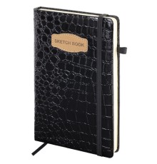 Скетчбук, слоновая кость 140 г/м2, 130х210 мм, 80 л., КОЖЗАМ, резинка, BRAUBERG ART CLASSIC, CROCO, черный, 116470