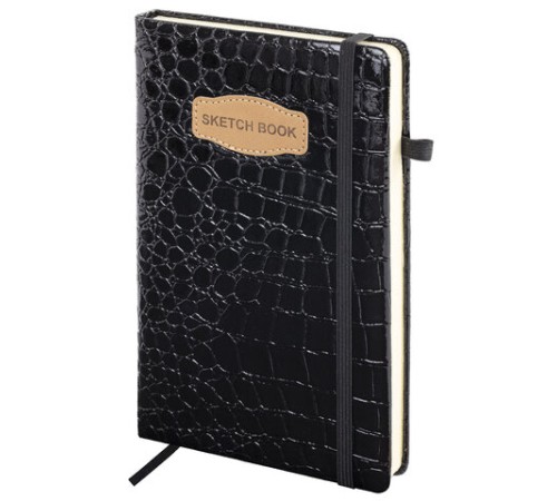 Скетчбук, слоновая кость 140 г/м2, 130х210 мм, 80 л., КОЖЗАМ, резинка, BRAUBERG ART CLASSIC, CROCO, черный, 116470