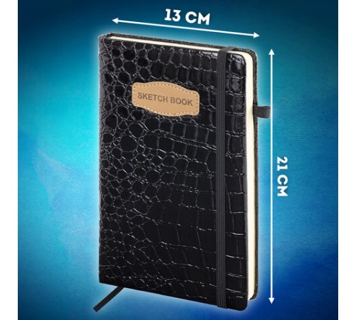 Скетчбук, слоновая кость 140 г/м2, 130х210 мм, 80 л., КОЖЗАМ, резинка, BRAUBERG ART CLASSIC, CROCO, черный, 116470