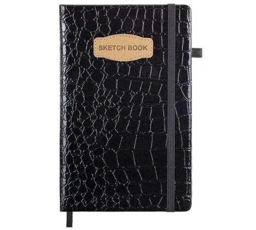 Скетчбук, слоновая кость 140 г/м2, 130х210 мм, 80 л., КОЖЗАМ, резинка, BRAUBERG ART CLASSIC, CROCO, черный, 116470