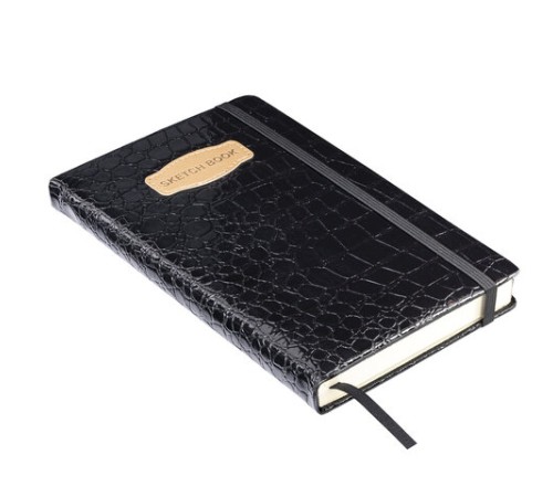 Скетчбук, слоновая кость 140 г/м2, 130х210 мм, 80 л., КОЖЗАМ, резинка, BRAUBERG ART CLASSIC, CROCO, черный, 116470