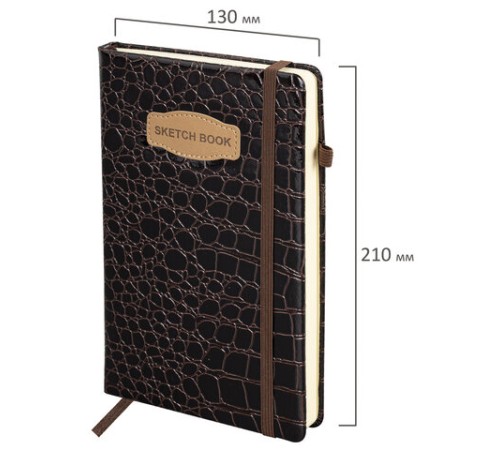 Скетчбук, слоновая кость 140 г/м2, 130х210 мм, 80 л., КОЖЗАМ, резинка, BRAUBERG ART CLASSIC, CROCO, коричневый, 116471