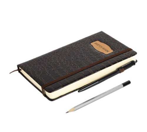 Скетчбук, слоновая кость 140 г/м2, 130х210 мм, 80 л., КОЖЗАМ, резинка, BRAUBERG ART CLASSIC, CROCO, коричневый, 116471