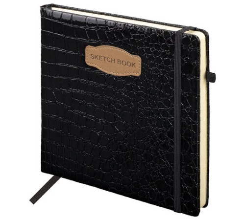 Скетчбук, слоновая кость 140 г/м2, 200х200 мм, 80 л., КОЖЗАМ, резинка, BRAUBERG ART CLASSIC, CROCO, черный, 116472