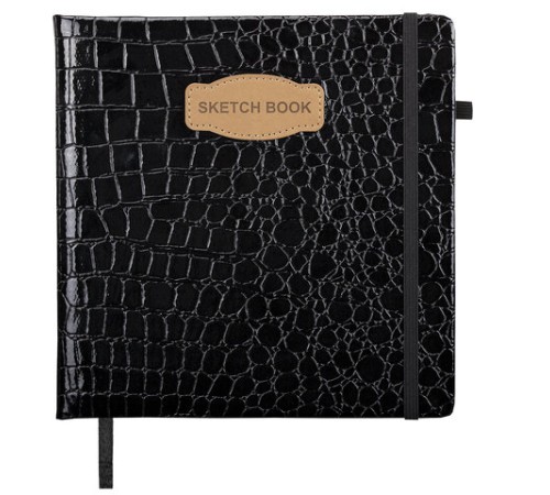 Скетчбук, слоновая кость 140 г/м2, 200х200 мм, 80 л., КОЖЗАМ, резинка, BRAUBERG ART CLASSIC, CROCO, черный, 116472