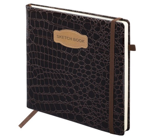 Скетчбук, слоновая кость 140 г/м2, 200х200 мм, 80 л., КОЖЗАМ, резинка, BRAUBERG ART CLASSIC, CROCO, коричневый, 116473