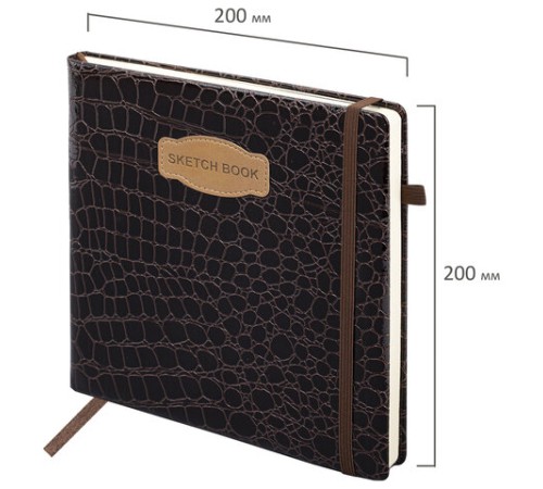 Скетчбук, слоновая кость 140 г/м2, 200х200 мм, 80 л., КОЖЗАМ, резинка, BRAUBERG ART CLASSIC, CROCO, коричневый, 116473