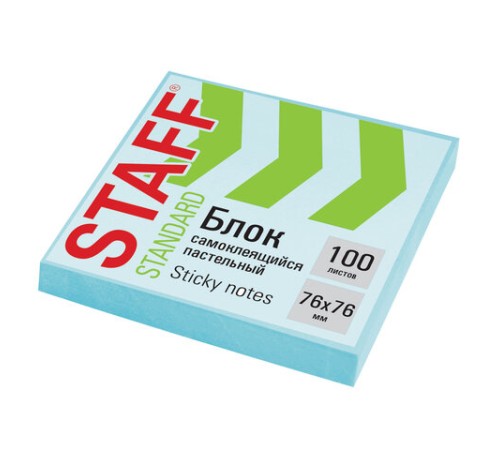 Блок самоклеящийся (стикеры) STAFF STANDARD, ПАСТЕЛЬНЫЙ 76х76 мм, голубой, 100 листов, 116574