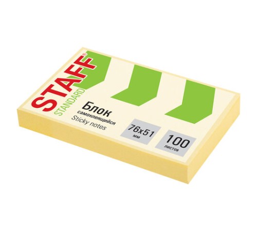 Блок самоклеящийся (стикеры) STAFF STANDARD, ПАСТЕЛЬНЫЙ 76х51 мм, желтый, 100 листов, 116581