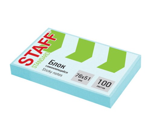 Блок самоклеящийся (стикеры) STAFF STANDARD, ПАСТЕЛЬНЫЙ 76х51 мм, голубой, 100 листов, 116582