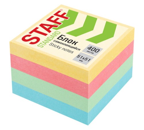 Блок самоклеящийся (стикеры) STAFF STANDARD, ПАСТЕЛЬНЫЙ 51х51 мм, 4 цвета, 400 листов, 116585