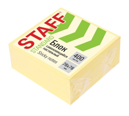 Блок самоклеящийся (стикеры) STAFF STANDARD, ПАСТЕЛЬНЫЙ 76х76 мм, желтый, 400 листов, 116586