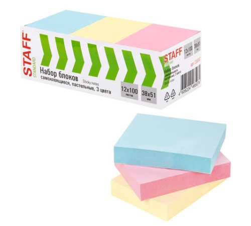 Блоки самоклеящиеся (стикеры) STAFF STANDARD, 38х51 мм, 3 цвета, 100 листов, НАБОР 12 штук, 116587