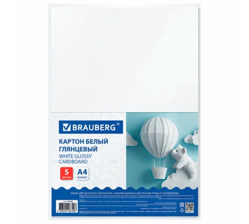 Картон белый А4 МЕЛОВАННЫЙ (белый оборот) 5 листов, BRAUBERG, 200х290 мм, 116626