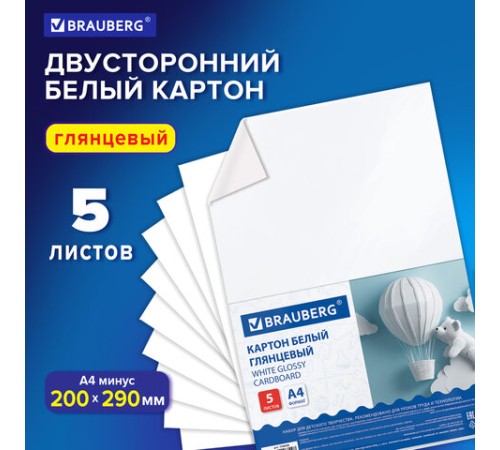 Картон белый А4 МЕЛОВАННЫЙ (белый оборот) 5 листов, BRAUBERG, 200х290 мм, 116626