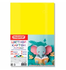 Картон цветной А4 немелованный, 5 листов, 5 цветов, ПИФАГОР, 200х290 мм, 116629