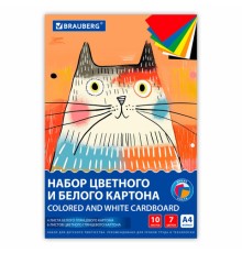Набор картона БЕЛЫЙ + ЦВЕТНОЙ А4 мелованный, 10 листов (белый 4 листа + цветной 6 листов), в папке, BRAUBERG, 116630