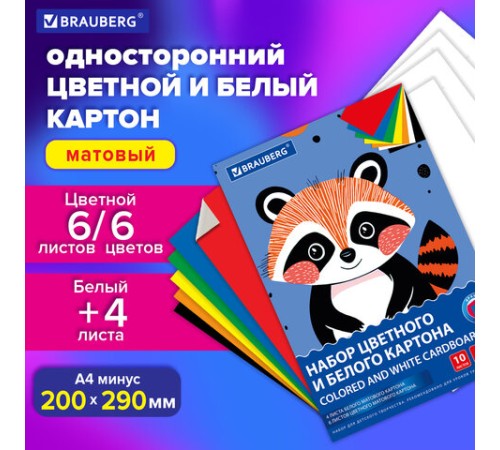 Набор картона БЕЛЫЙ + ЦВЕТНОЙ А4 немелованный, 10 листов (белый 4 листа + цветной 6 листов), в папке, BRAUBERG, 116631