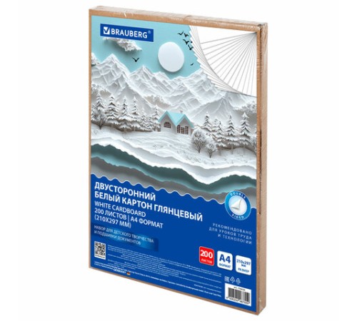 Картон белый А4 МЕЛОВАННЫЙ (белый оборот) 200 листов, в коробе, BRAUBERG, 210х297 мм, 116632