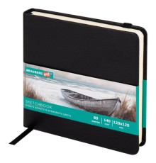 Скетчбук, слоновая кость+белая 140 г/м2, 120х120 мм, 80 л., КОЖЗАМ, резинка, BRAUBERG ART CLASSIC, черный, 116872