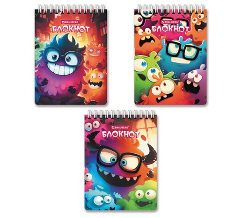 Блокнот МАЛЫЙ ФОРМАТ А6 97х145мм, 60л, гребень, картон, клетка, BRAUBERG МОНСТРИКИ, 116997