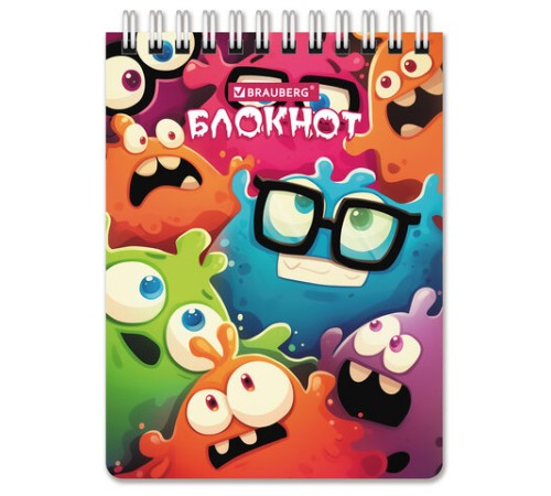 Блокнот МАЛЫЙ ФОРМАТ А6 97х145мм, 60л, гребень, картон, клетка, BRAUBERG МОНСТРИКИ, 116997
