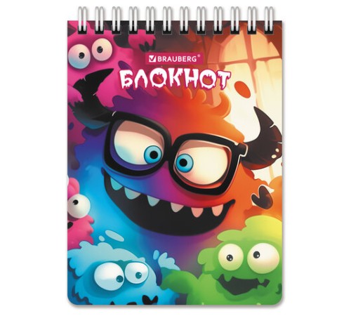 Блокнот МАЛЫЙ ФОРМАТ А6 97х145мм, 60л, гребень, картон, клетка, BRAUBERG МОНСТРИКИ, 116997
