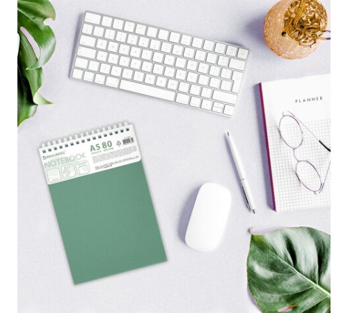 Блокнот А5, 80 л., силиконовый гребень, обложка пластик, клетка, BRAUBERG, зеленый, 117560