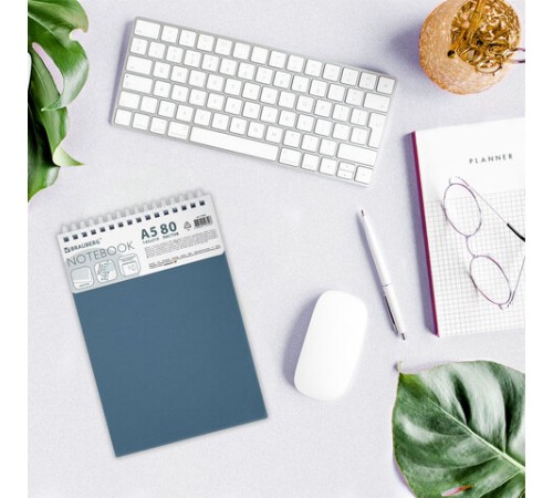 Блокнот А5, 80 л., силиконовый гребень, обложка пластик, клетка, BRAUBERG, синий, 117561