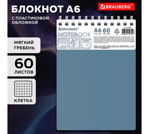 Блокнот МАЛЫЙ ФОРМАТ А6, 60 л., силиконовый гребень, обложка пластик, клетка, BRAUBERG, синий, 117565