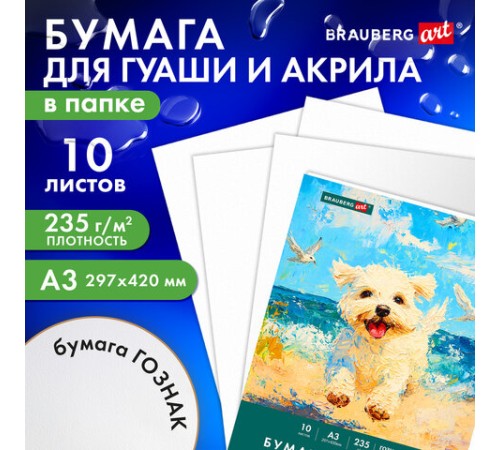 Бумага для гуаши и акрила А3 10 л., 235 г/м2, 297х420 мм, в папке, BRAUBERG ART CLASSIC, 