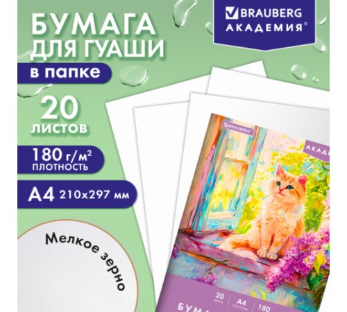 Бумага для гуаши А4 20 л., 180 г/м2, 210х297 мм, в папке, BRAUBERG АКАДЕМИЯ, 