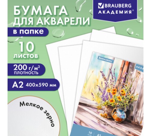 Папка для акварели БОЛЬШАЯ А2, 10 л., 200 г/м2, 400х590 мм, BRAUBERG АКАДЕМИЯ, 