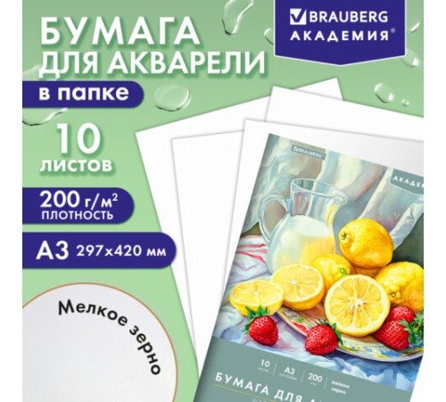 Папка для акварели БОЛЬШАЯ А3, 10 л., 200 г/м2, 297х420 мм, BRAUBERG АКАДЕМИЯ, 