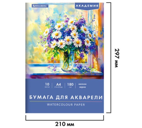 Папка для акварели А4, 10 л., 180 г/м2, 210х297 мм, BRAUBERG АКАДЕМИЯ, 