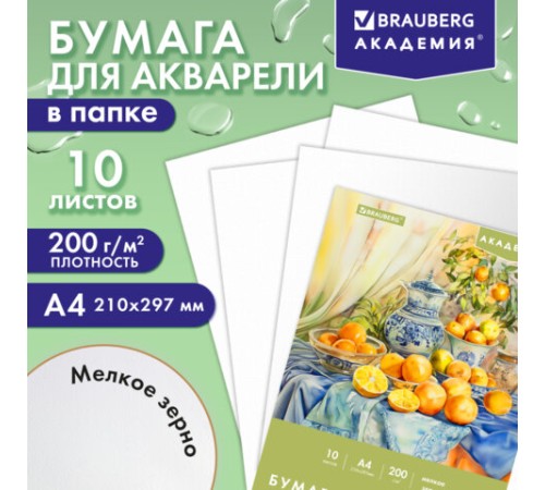 Папка для акварели А4, 10 л., 200 г/м2, 210х297 мм, BRAUBERG АКАДЕМИЯ, 