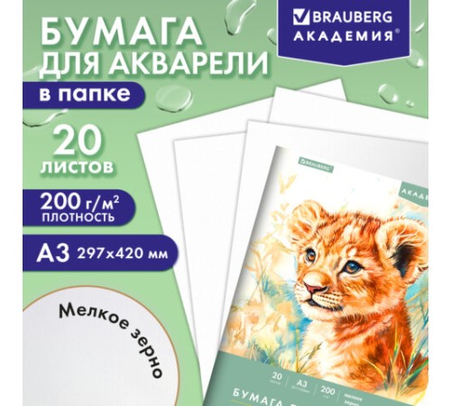 Папка для акварели БОЛЬШАЯ А3, 20 л., 200 г/м2, 297х420 мм, BRAUBERG АКАДЕМИЯ, 